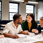 **Interdisciplinary Team Brainstorming:** A diverse team (architect, historian, marketer, community member) passionately brainstorming around a table covered in sketches and plans in a renovated factory space. Focus on collaboration and the blending of different expertise. Warm, inviting lighting.