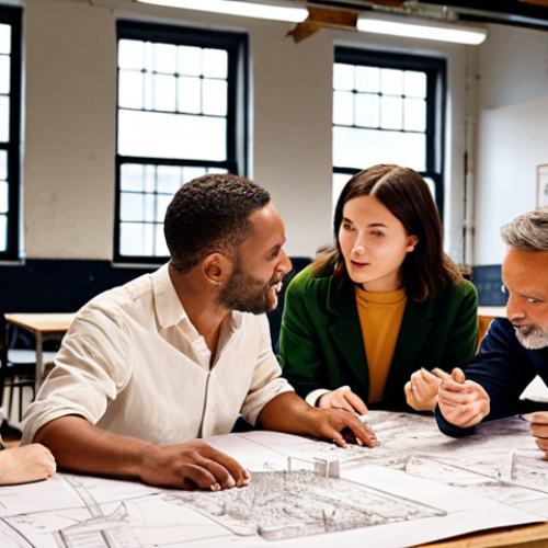 **Interdisciplinary Team Brainstorming:** A diverse team (architect, historian, marketer, community member) passionately brainstorming around a table covered in sketches and plans in a renovated factory space. Focus on collaboration and the blending of different expertise. Warm, inviting lighting.