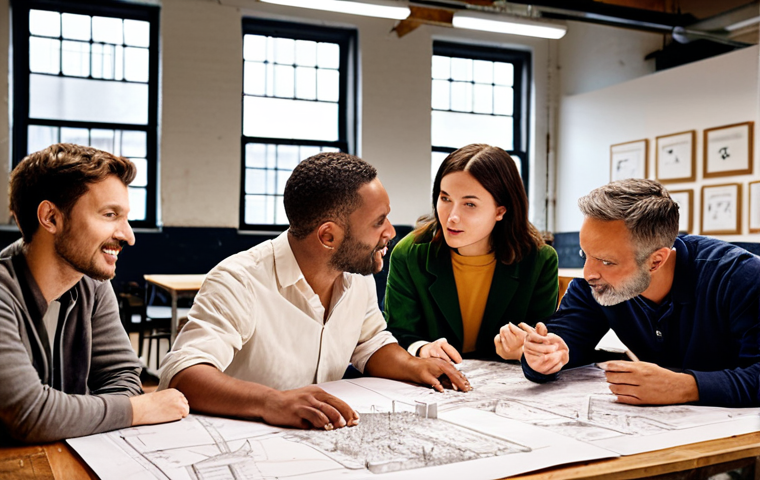 **Interdisciplinary Team Brainstorming:** A diverse team (architect, historian, marketer, community member) passionately brainstorming around a table covered in sketches and plans in a renovated factory space. Focus on collaboration and the blending of different expertise. Warm, inviting lighting.