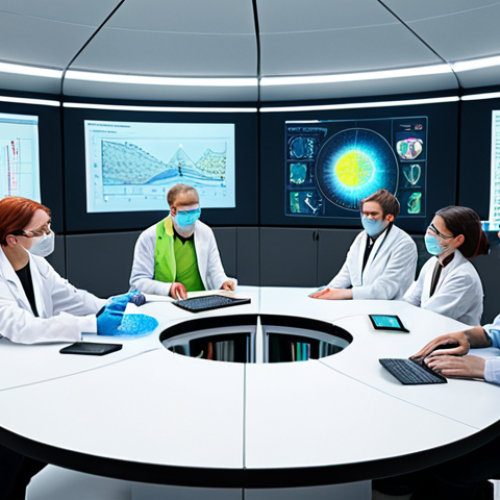 **Image of an interdisciplinary team working in a modern laboratory.** The team consists of scientists (biologist, physicist), a sociologist, and an economist. They are gathered around a holographic projection displaying data related to the impact of new technologies on the job market. Emphasis should be on collaboration and the blending of different fields. The style should be bright, modern, and optimistic, conveying a sense of innovation and progress. The scene is set in Warsaw.