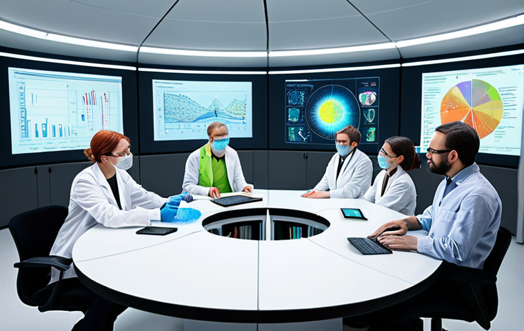 **Image of an interdisciplinary team working in a modern laboratory.** The team consists of scientists (biologist, physicist), a sociologist, and an economist. They are gathered around a holographic projection displaying data related to the impact of new technologies on the job market. Emphasis should be on collaboration and the blending of different fields. The style should be bright, modern, and optimistic, conveying a sense of innovation and progress. The scene is set in Warsaw.