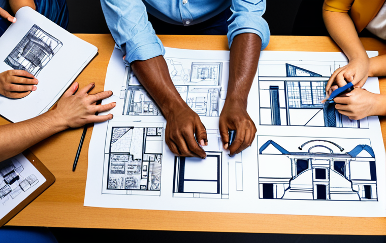 **A collaborative brainstorming session with professionals from diverse fields (architecture, engineering, sociology) around a table filled with blueprints and sketches. The atmosphere is vibrant and innovative, highlighting the power of interdisciplinary perspectives.**